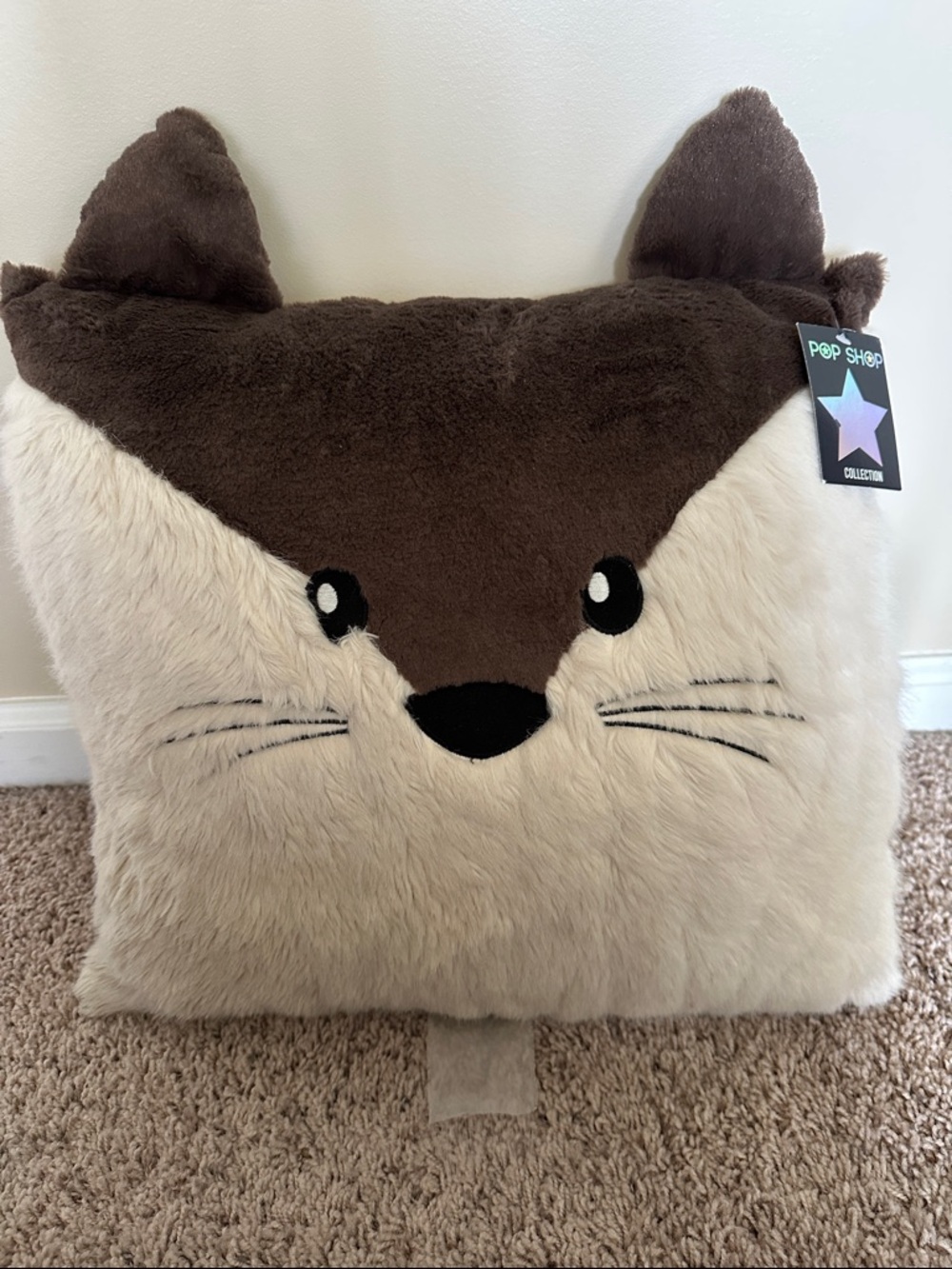 Cream and Brown Fox Plush Accent Pillow